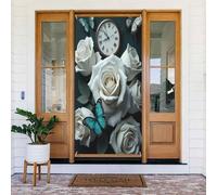 Couvertures de porte - Impression rose horloge papillon No.905 Bannières de porte pour devant, printemps été - Toile de fond à suspendre pour extérieur et intérieur - Fournitures de décoration murale