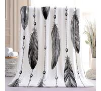 Couvertures Imprimées Perles de Plumes bohèmes Flanelle Couverture Polaire Microfibre Moelleuse Chaudes Légères Noir Imprimé en Peluche pour Canapé Chambre à Bureau 150 x 100 cm