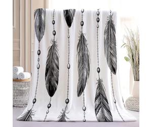 Couvertures Imprimées Perles de Plumes bohèmes Flanelle Couverture Polaire Microfibre Moelleuse Chaudes Légères Noir Imprimé en Peluche pour Canapé Chambre à Bureau 220 x 240 cm