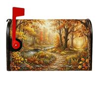 Couvertures magnétiques de boîte aux lettres paysage de forêt d'automne | Chemin en pierre, couvercle de boîte aux lettres, pont en bois, cerf pâturage, feuillage d'automne, paysage boisé