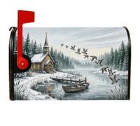 Couvertures magnétiques pour boîte aux lettres Motif chapelle d'hiver et | Paysage de chapelle enneigée, couvercle de boîte aux lettres, oies volantes, lac gelé, bateau rustique