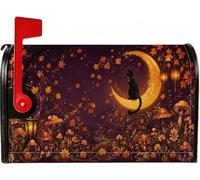 Couvertures magnétiques pour boîte aux lettres Motif chat et croissant de | Thème de la forêt fantaisie, couverture de boîte aux lettres, image croissant de lune, feuillage d'automne saisonnier