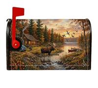 Couvertures magnétiques pour boîte aux lettres Motif paysage de cabane | Couverture de boîte aux lettres, vue sur le lac coucher du soleil, oies sauvages en vol, fixation magnétique sur le thème de