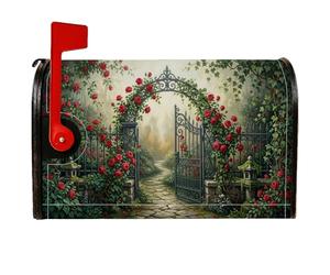 Couvertures magnétiques pour boîte aux lettres Motif roses romantiques 53,3 | Porte en fer forgé, couvercle de boîte aux lettres, lierre, chemin de pierre, thème jardin romantique