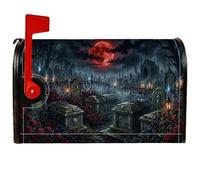Couvertures magnétiques pour boîte aux lettres thème Halloween Cimetière | Lune rouge sang, couverture de poteau de boîte aux lettres, clôture gothique en fer, accents de pierre tombale, roses sombres