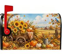 Couvertures magnétiques rustiques pour boîte aux lettres Motif tournesols | Chariot en bois rustique, couvercle de boîte aux lettres, citrouilles, merle bleu, paysage rural, paysage de ferme
