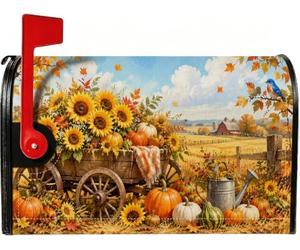 Couvertures magnétiques rustiques pour boîte aux lettres Motif tournesols | Chariot en bois rustique, couvercle de boîte aux lettres, citrouilles, merle bleu, paysage rural, paysage de ferme
