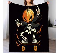 Couvertures Orange Noir Squelette De Skateboard d'halloween en Flanelle Polaire Personnages De Dessins Animés Doux Et Chaude pour Chambre À Coucher,Salon Jeté De Canapé Lit Décorations,100X130Cm