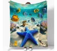Couvertures Plaid 180 x 200 cm Monde sous-Marin Étoiles De Mer Tortues Poissons Plaid Polaire 3D Couverture de Lit Douce et Chaude Plaid Jeté de Canapé Flanelle Couverture bébé, Sieste Couverture
