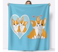 Couvertures Plaids 180 x 220 cm Couple De Corgis De Dessin Animé En Forme De Cœur Plaid Polaire Couvertures, Bleu Douce et Chaude Plaid Jeté de Canapé Flanelle Couverture Bébé Bureau Sieste Couverture