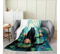 Couvertures Polaire pour Décoration,Doux Jeté de Canapé Chat Été Roses Fleurs de Lotus Style Rustique Lac Vert Chaude et Microfibre l'hiver Jeté de Canapé Polaire M