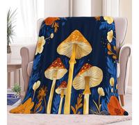 Couvertures rétro Affiches Champignons Fleurs Chaud Cadeau, Plaid Canape Bleu foncé en Flanelle Épaisse Douce et Confortable - Couverture Lit Chaude pour Adulte et Enfant 220 x 240 cm