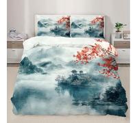 Couvre-Couette Misty Mountain Lake Ensemble de Couette de Couette de décor de Plante de Branche d’Arbre Rouge avec taies d’Oreiller Linge de lit pour la décoration de la Chambre 220x240cm