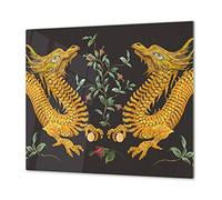 Couvre-cuisinière à induction - Planche de cuisine en verre trempé - Couvre-plaques de cuisson - UNE PIÈCE (60x52 cm) ou DEUX PIÈCES (30x52 cm chacune); D13 Série D'art: Dragons jaunes