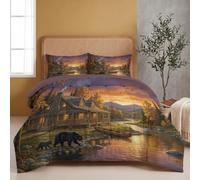 Couvre Lit 1 Personnes 140×200 cm, Dessus de Lit Illustration De Style Américain Paysage, Couverture Matelassé de Lit Canapé Printemps Été 4 Saisons Riverside Chalet Courtepointe (Orange Brun)