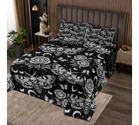 Couvre-Lit 170x230 Sphinx Fleurs Boho Dessus de Lit Papillon de Nuit Mort Squelette Gothique Couverture de Lit Victorien Antique Jetés de Lit Esquisse Fleur Gothique avec 1 Taie d'oreiller 51x75cm