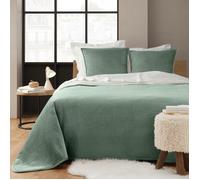 Couvre-lit matelassé 220x240 cm MYLENE - Velours relief & sherpa + 2 taies - Vert cèdre