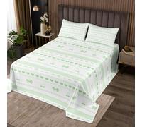 Couvre-Lit 240x220 Nœud Cerise Vert Dessus de Lit Cottagecore Coquet Couverture de Lit Cœurs d'Amour Mignons Jetés de Lit Bows Esthétique Girly Rayures Géométriques avec 2 Taies d'oreiller 51x75cm
