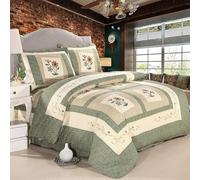 Couvre Lit 240x260 Dessus de Lit 2 Personnes Boutis Fleurs Imprimé Patchwork Microfibre Doux Léger Ensemble 3 Pièces 1 Couette 2 Taies 51x66cm Déco Chambre Salon(Green Flowers,Twin(68"x86"))