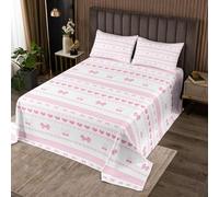 Couvre-Lit 260x240 Nœud Cerise Rose Dessus de Lit Cœurs d'amour Mignons Couverture de Lit Cottagecore Coquet Jetés de Lit Décor Balletcore Esthétique Rayé Géométrique avec 2 Taies d'oreiller 51x75cm