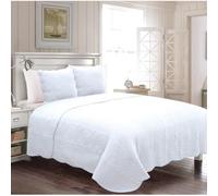 Couvre lit Blanc 2 Personnes 230x250 cm + 2 taies - Boutis 100% Coton - Piquage en Vagues