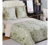 Couvre lit Champêtre Vert 220x240 - Boutis Microfibre Vert Sauge imprimé Feuilles grimpantes + 2 taies 65x65cm