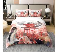 Couvre Lit Confortable Japonais 100% Coton 200x200,Couvre Lit Décor Imprimé Cerisier Fleur de Grue,Idéal Décor de Chambre d'une Fille,Un Cadeau Romantique pour Son Couvre Lit À Thème Traditionnel