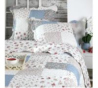 Couvre-lit et taies d'oreiller - LOVELY CASA - Bleu ciel - 240x220 cm - Motif fleuri - Style shabby chic