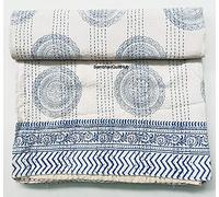 Couvre-lit indien fait à la main - Couverture lit Imprimé bohème - 100 % coton - Blanc et bleu - 228 x 274 cm