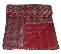Couvre-lit indien Kantha Ajrakh Kantha imprimé à la main - Queen size - 152 x 228 cm - Teinture végétale - Ajrakh Kantha