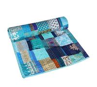 Couvre-lit indien patchwork Kantha fait à la main en soie Patola Kantha, couvre-lit réversible vintage cousu à la main, couverture de plage décorative (bleu, très grand lit 274,3 x 274,3 cm)