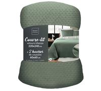 Douceur d'Intérieur, Couvre-Lit Matelassé (220 x 240 cm) et 2 Taies d'oreiller (60 x 60 cm) Mylène Cèdre, Velours Relief avec Sherpa