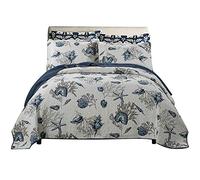 Couvre-lit Matelassé 3 Pièces Jetés De Lit Boutis Style Campagnard avec Impression De Plantes De Mer en Coton Lavé Courtepointe Très Doux Couverture Taies d'oreiller,King:250cm*270CM*1+50 * 90CM*2