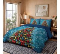 Couvre Lit Matelassé de Noël Illustrations Couvre-lit de Peinture À l'huile Nœud De Sapin De Noël Couverture légère Décorations Ensemble de Couette en Microfibre (240×260 cm, 3件Pcs)