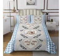 Couvre-lit motif cerf rural taille L - Fleur rustique - Planche en bois - Cabine de ferme - Parure de lit pour adultes et adolescents - Grille géométrique - Patchwork - Décor en forme de cœur - Bleu