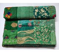Couvre-lit réversible en soie faite à la main Sari Jari Khambhadiya Kantha (vert, 274,3 x 274,3 cm)