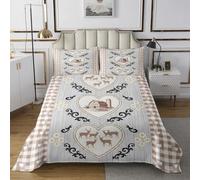 Couvre-lit rural cerf 2 taies d'oreiller vintage planche en bois fleur ferme cabine housse de couette taille M pour adultes grille patchwork décor en forme de cœur marron literie matelassée pour