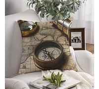 Couvre-lit taie d'oreiller loupe rétro loupe Boussole Voyage Naviguer Vieille Carte avec Couverture Grungy Spyglass Vintage géographie Housse de Coussin Coussin carré pour canapé Chaise literie 18 x