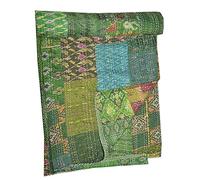 Couvre-lit vintage en soie Patola Kantha imprimé patchwork Gudri pour lit queen size Vert bouteille