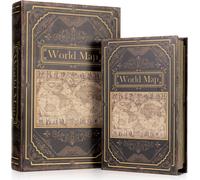 Couvre-livres Carte du Monde - Cachette secrète en 2 parties en style antique - Boîte à livres déco pour bijoux & documents - Boîte de rangement 33,2x22x7cm & 26,2x17x5cm