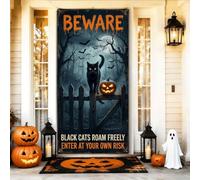 Couvre-porte avec citation d'Halloween chat effrayant 91,4 x 182,9 cm | Toile de fond de clôture effrayante, toile de fond de porte d'entrée, scène de pleine lune étrange, typographie gothique