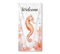 Couvre-porte de bienvenue hippocampes, illustrations de coraux inspirées de l'océan pour décoration de porte d'entrée, bannière d'entrée sur le thème nautique d'été, 91,4 x 183 cm