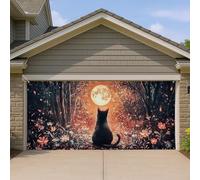 Couvre-porte de garage chat au clair de lune, grand félin noir, décoration murale de style forêt enchantée, décoration d'intérieur d'automne, design saisonnier d'automne, 397 x 180 cm