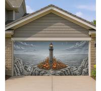 Couvre-porte de garage en forme de phare, citrouilles saisonnières réalistes et nuages, décoration d'intérieur pour porche, terrasse, cour, fête extérieure, gris, 400 x 180 cm