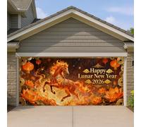 Couvre-porte de garage pour le Nouvel An lunaire, motif cheval vibrant avec lanternes et fleurs, décorations d'extérieur festives pour la célébration du printemps, 397 x 180 cm