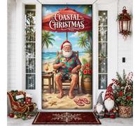 Couvre-porte de Noël tropical Père Noël côtier 91,4 x 182,9 cm | Scène de plage tropicale, panneau de porte d'entrée, parapluie rayé rouge, ambiance de vacances relaxante