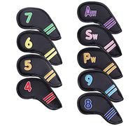 Couvre-tête de Fer de Golf en Cuir PU de qualité supérieure, Ensemble de Couvre-Chef de Protection en Peluche pour golfeurs en Plein air, Comprenant 4 5 6 7 8 9 PW SW AW Blanc Noir (Noire)