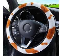 Couvre Volant de Voiture en Peluche en Vache Motif Chaud Hiver Universelle Caches de Volant Thermique Antidérapant Elastique Auto Protege Couvre Volant Voiture de 36 à 39 cm, Intérieur de Voiture