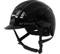 Covalliero Casque d'équitation Elite, casque d'équitation pour femme, ventilation optimale, sangles en cuir synthétique, doublure intérieure amovible, coque rigide en ABS, noir laqué, taille M/56-58