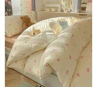 Covebett Housse de Couette 200x200 Beige Rose Nœud Papillon Cœur Romantique Parure de Lit Adulte 2 Personnes Kawaii Microfibre Lavé Linge de lit avec Fermeture Éclair et 2 Taies d'oreiller 65x65cm